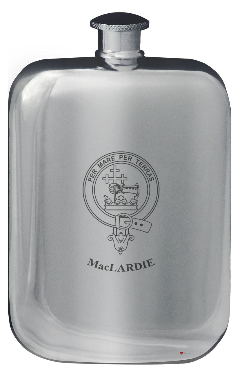 MacLardie Family Crest Design Pocket Hip Flask 6oz Rounded Polished Pewter
