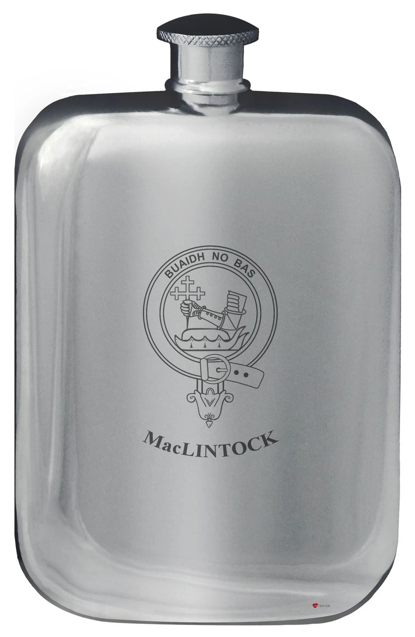 MacLintock Family Crest Design Pocket Hip Flask 6oz Rounded Polished Pewter