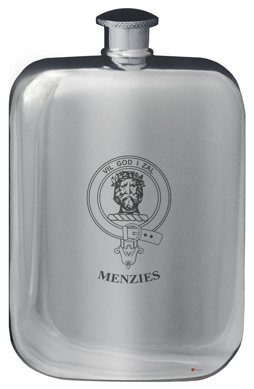 Menzies Family Crest Design Pocket Hip Flask 6oz Rounded Polished Pewter