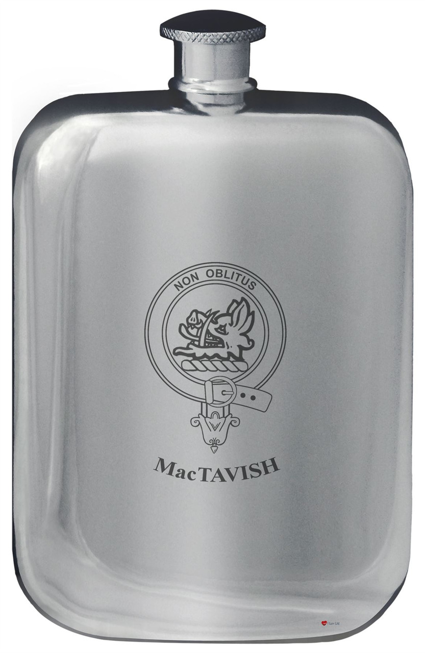 MacTavish Family Crest Design Pocket Hip Flask 6oz Rounded Polished Pewter