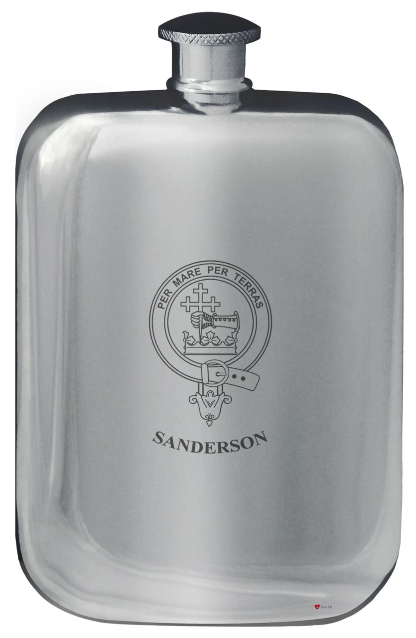 Sanderson Family Crest Design Pocket Hip Flask 6oz Rounded Polished Pewter