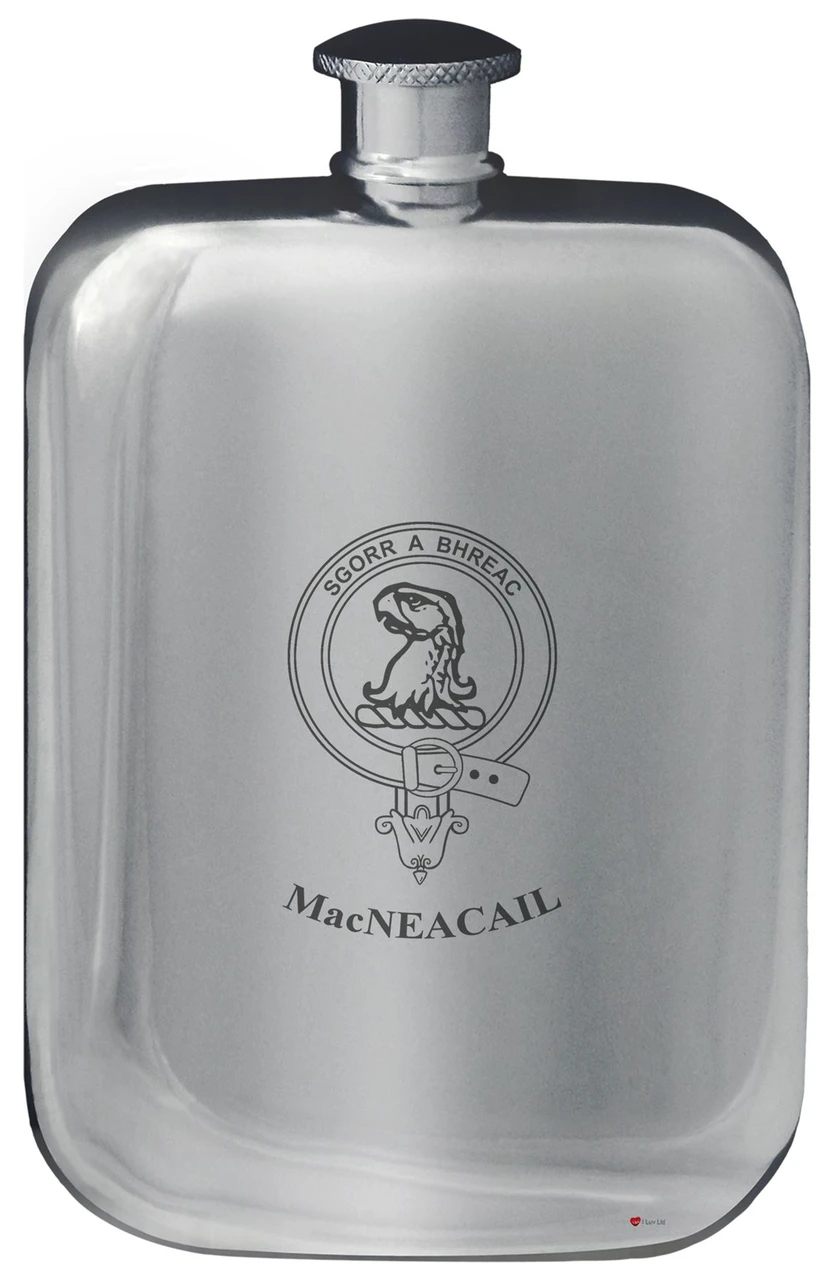 MacNeacail Family Crest Design Pocket Hip Flask 6oz Rounded Polished Pewter