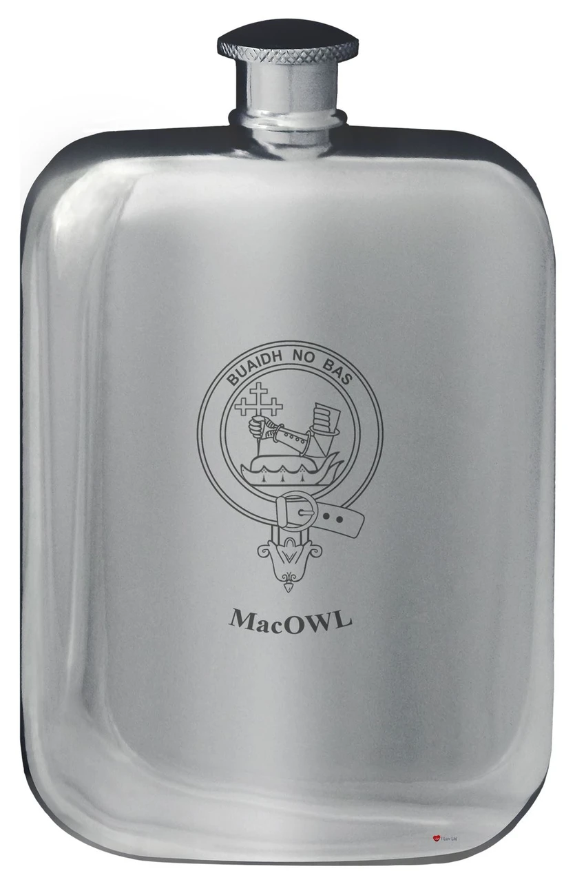 MacOwl Family Crest Design Pocket Hip Flask 6oz Rounded Polished Pewter