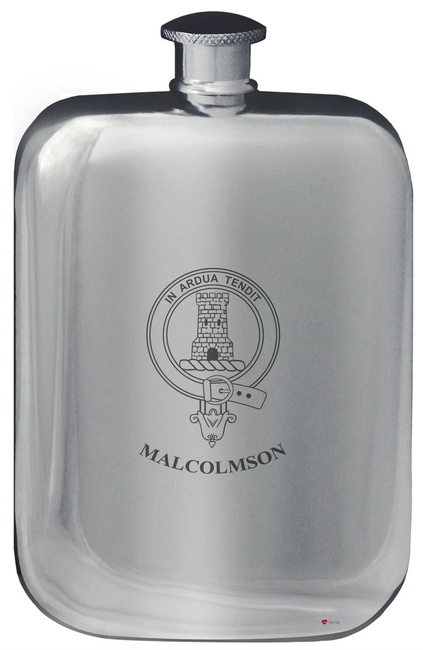 Malcolmson Family Crest Design Pocket Hip Flask 6oz Rounded Polished Pewter