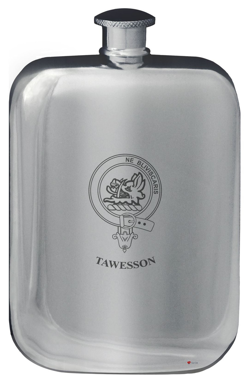 Tawesson Family Crest Design Pocket Hip Flask 6oz Rounded Polished Pewter