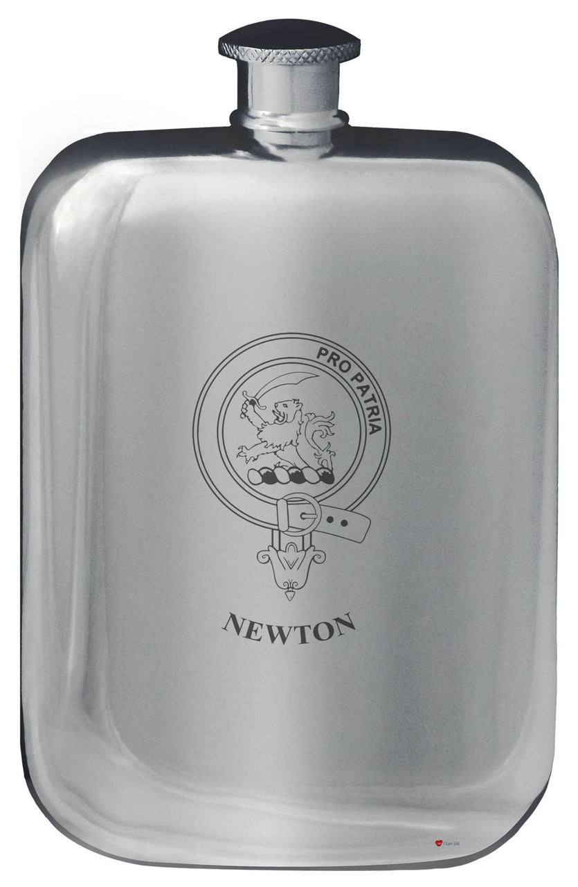 Newton Family Crest Design Pocket Hip Flask 6oz Rounded Polished Pewter
