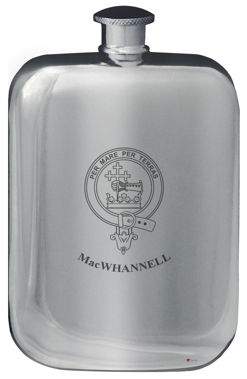 MacWhannell Family Crest Design Pocket Hip Flask 6oz Rounded Polished Pewter