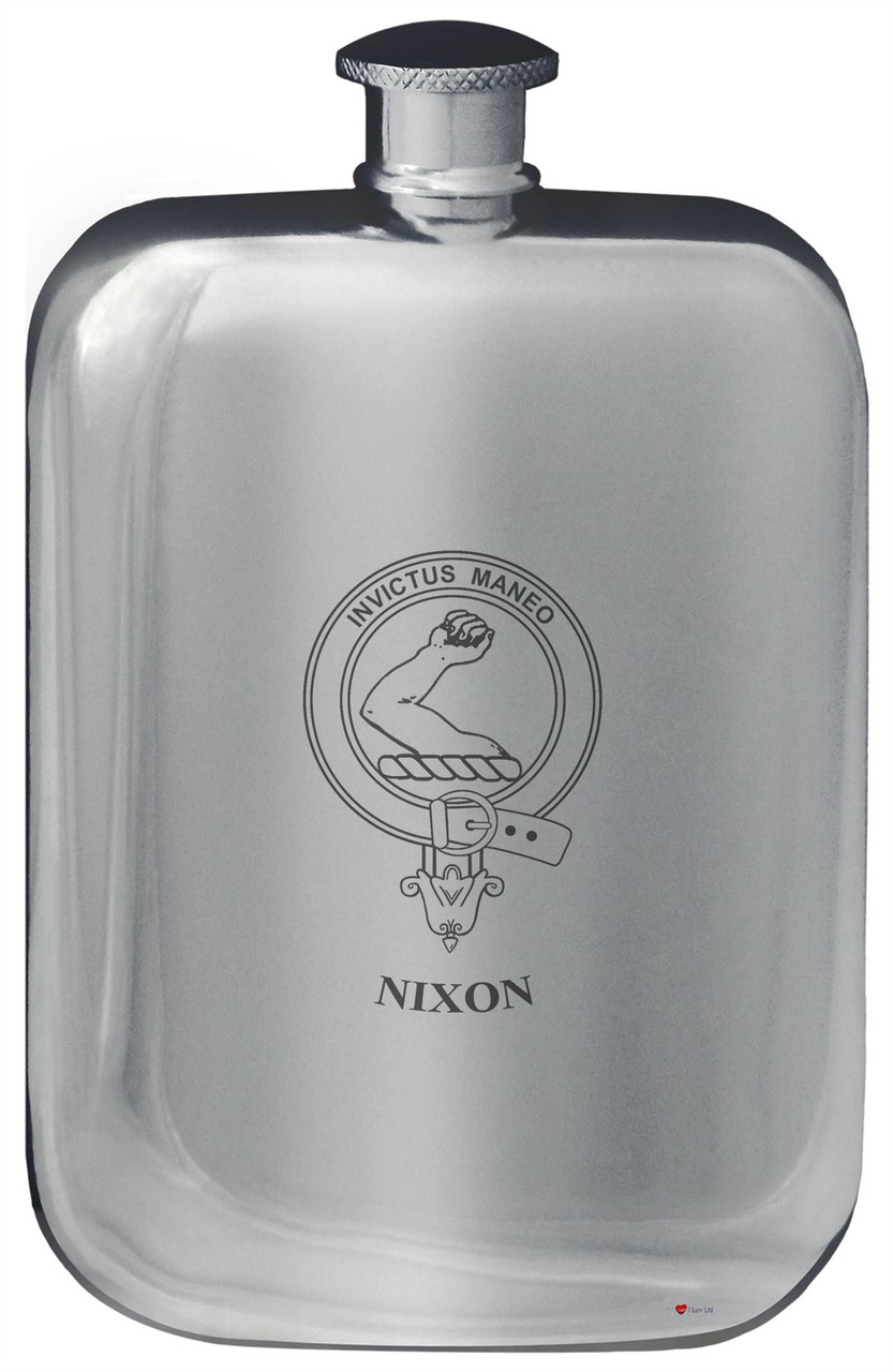 Nixon Family Crest Design Pocket Hip Flask 6oz Rounded Polished Pewter