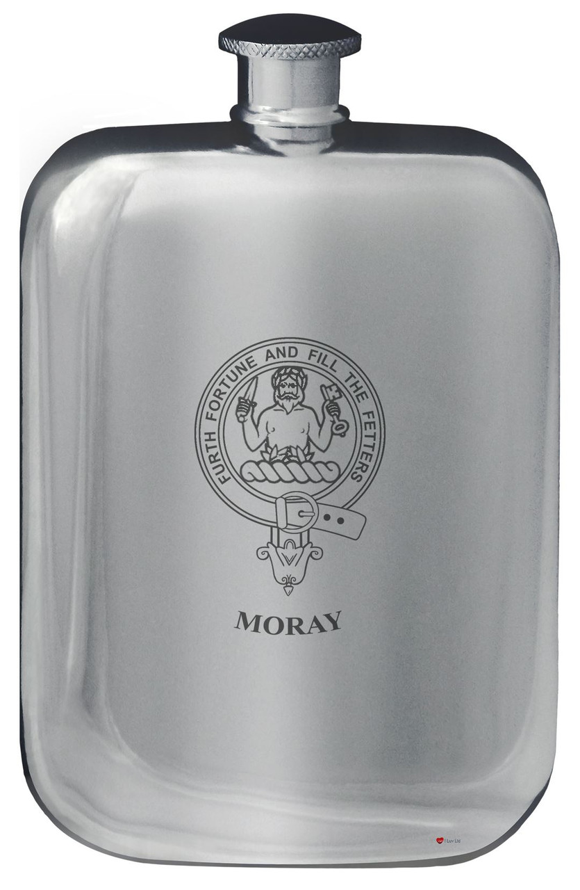 Moray Family Crest Design Pocket Hip Flask 6oz Rounded Polished Pewter