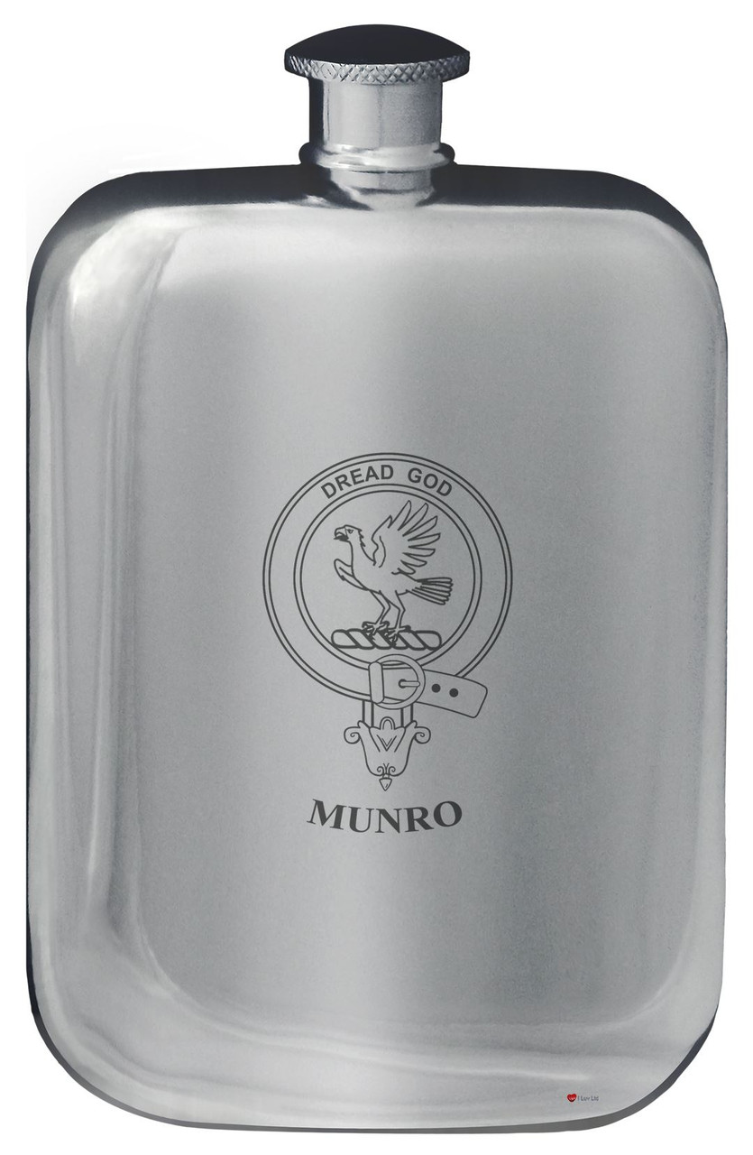 Munro Family Crest Design Pocket Hip Flask 6oz Rounded Polished Pewter