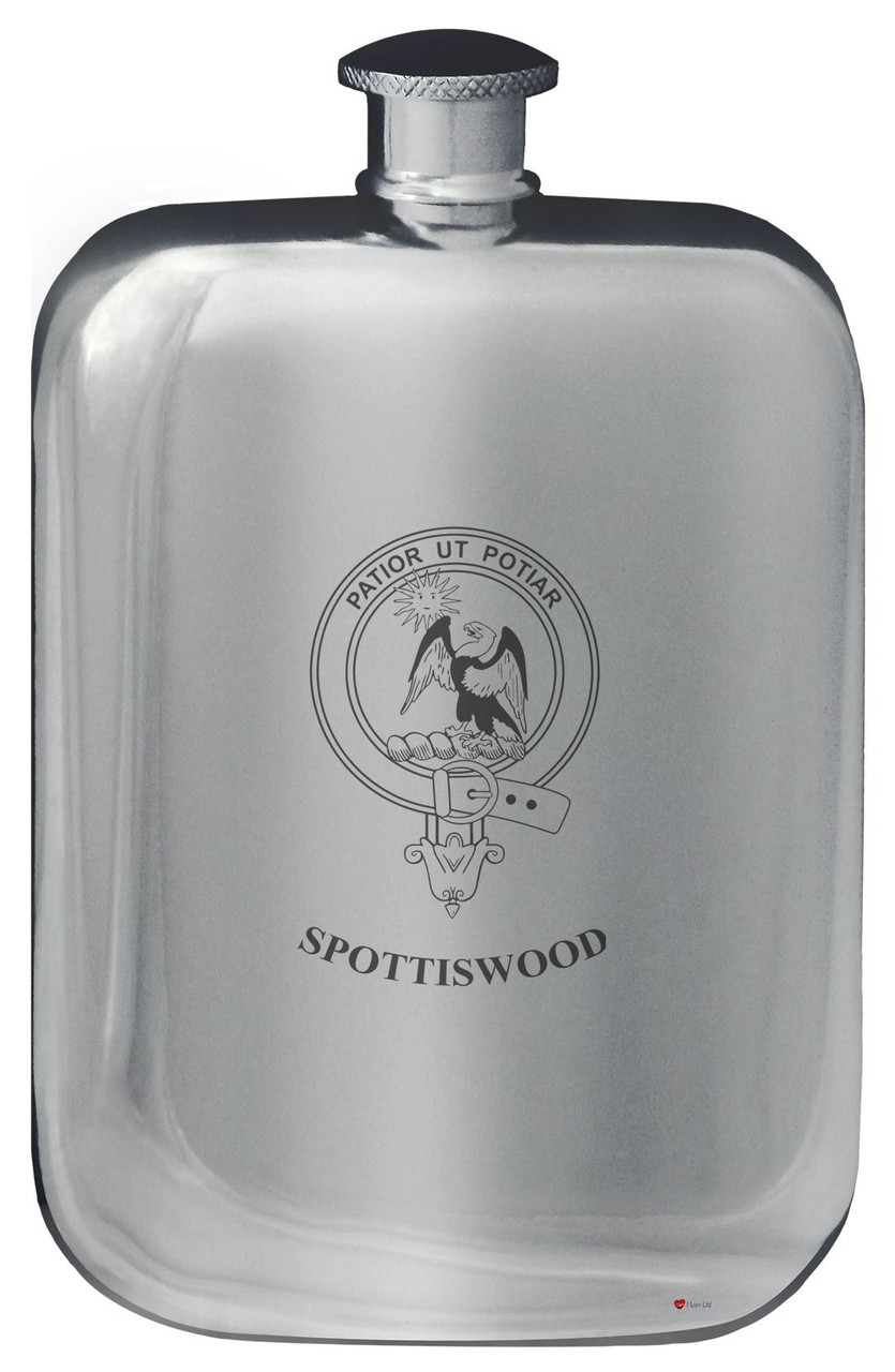 Spottiswood Family Crest Design Pocket Hip Flask 6oz Rounded Polished Pewter