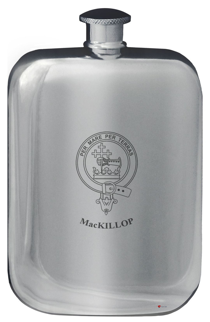 MacKillop Family Crest Design Pocket Hip Flask 6oz Rounded Polished Pewter