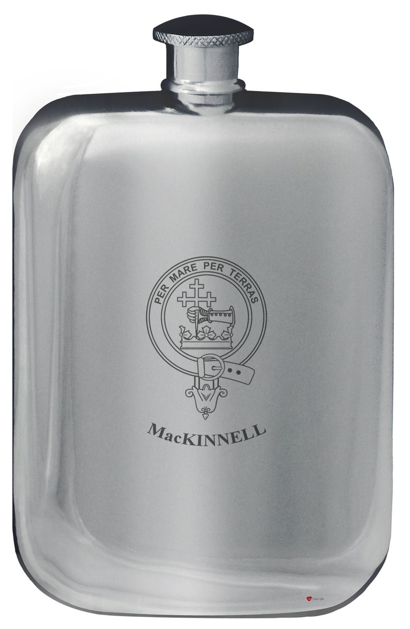 MacKinnell Family Crest Design Pocket Hip Flask 6oz Rounded Polished Pewter