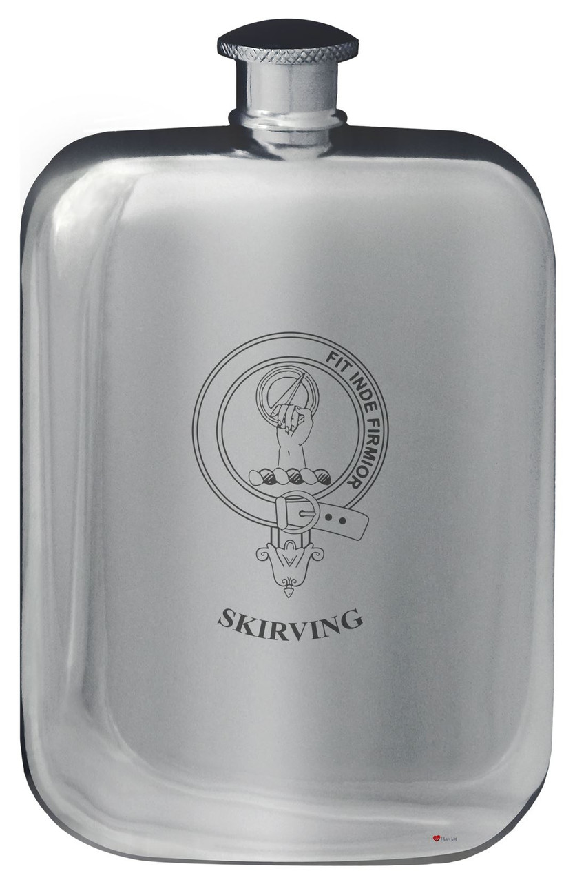 Skirving Family Crest Design Pocket Hip Flask 6oz Rounded Polished Pewter