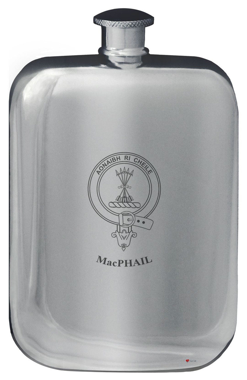 MacPhail Family Crest Design Pocket Hip Flask 6oz Rounded Polished Pewter