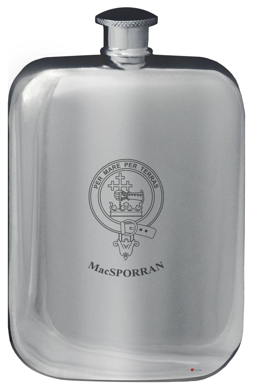 MacSporran Family Crest Design Pocket Hip Flask 6oz Rounded Polished Pewter