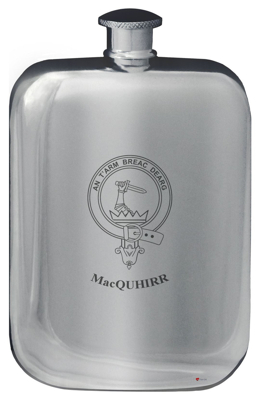 MacQuhirr Family Crest Design Pocket Hip Flask 6oz Rounded Polished Pewter