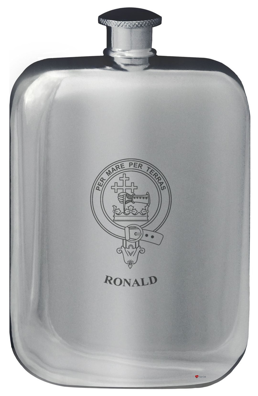 Ronald Family Crest Design Pocket Hip Flask 6oz Rounded Polished Pewter