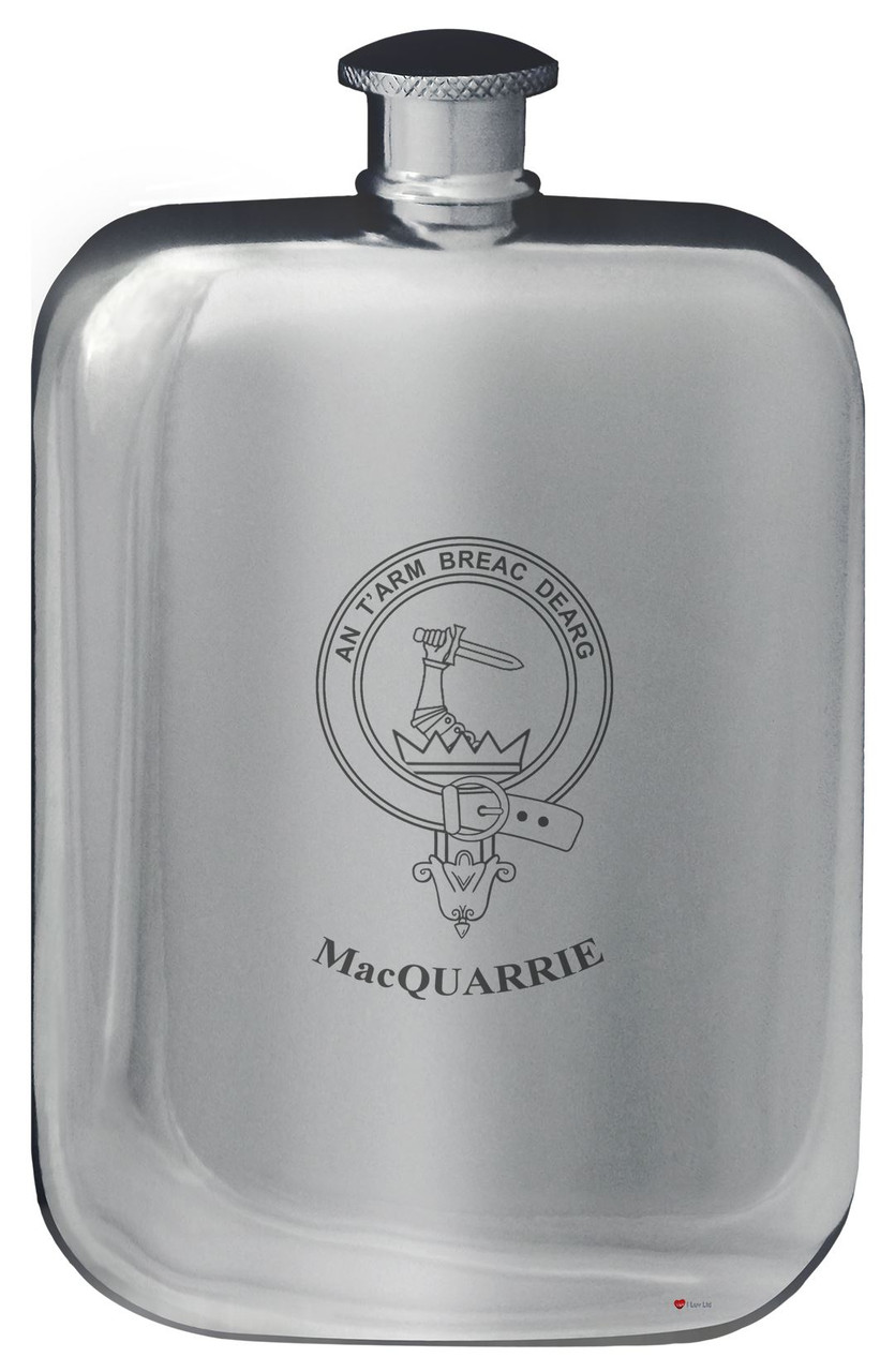 MacQuarrie Family Crest Design Pocket Hip Flask 6oz Rounded Polished Pewter