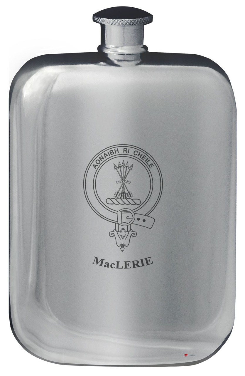 MacLerie Family Crest Design Pocket Hip Flask 6oz Rounded Polished Pewter