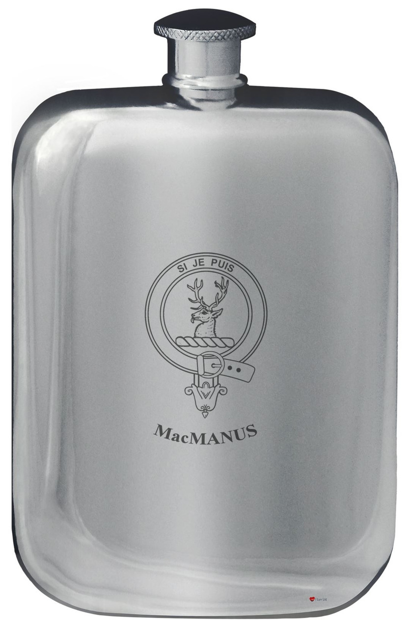 MacManus Family Crest Design Pocket Hip Flask 6oz Rounded Polished Pewter