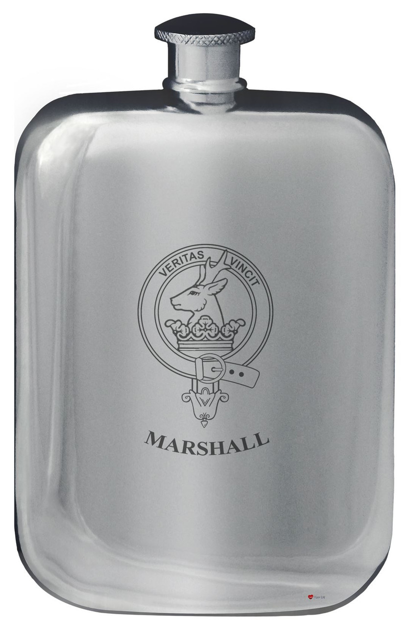 Marshall Family Crest Design Pocket Hip Flask 6oz Rounded Polished Pewter