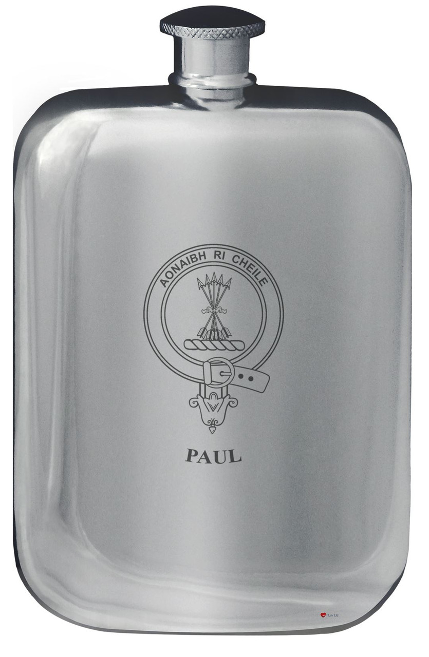 Paul Family Crest Design Pocket Hip Flask 6oz Rounded Polished Pewter