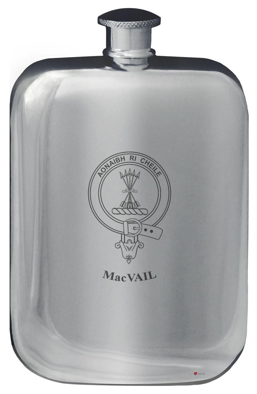 MacVail Family Crest Design Pocket Hip Flask 6oz Rounded Polished Pewter