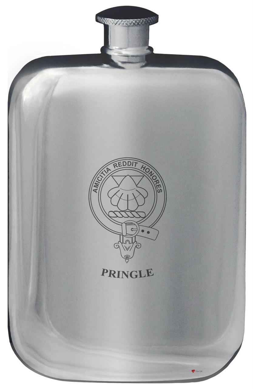 Pringle Family Crest Design Pocket Hip Flask 6oz Rounded Polished Pewter