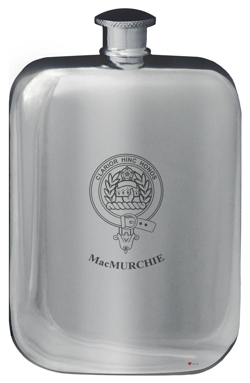 MacMurchie Family Crest Design Pocket Hip Flask 6oz Rounded Polished Pewter