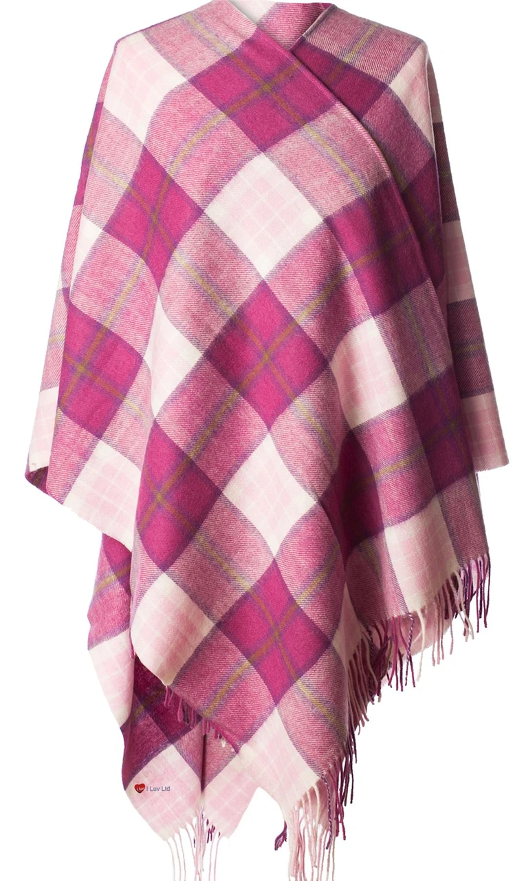 Lambswool Long Cape In Pink Check Tartan Design 156 cm Wide