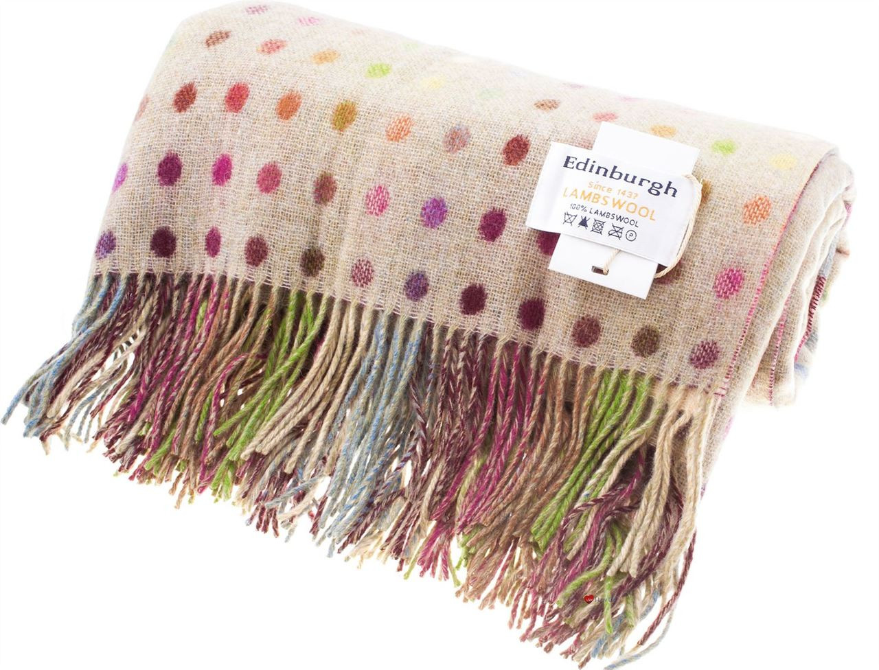 Lambswool Blanket In Pastel Beige Multi Spot Design 145cm Wide