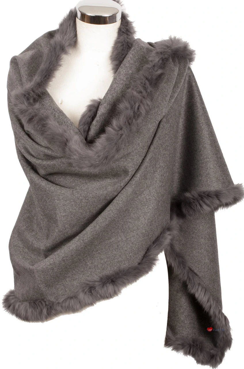 Womens 100% Lambswool Stole with Rabbit Faux Fur Charcoal Grey Gift from Scotland