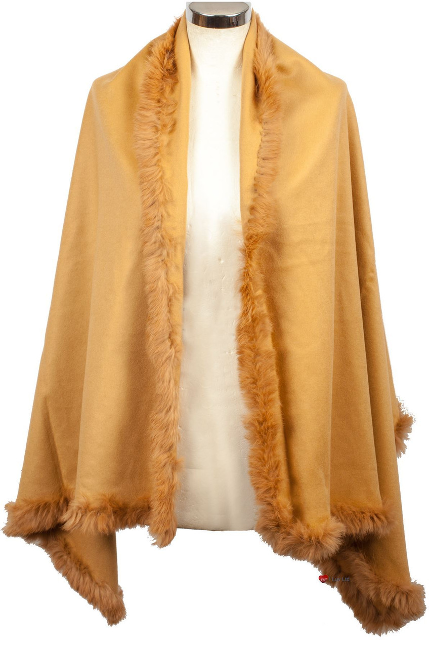 Womens 100% Lambswool Stole with Rabbit Faux Fur Camel Gift from Scotland