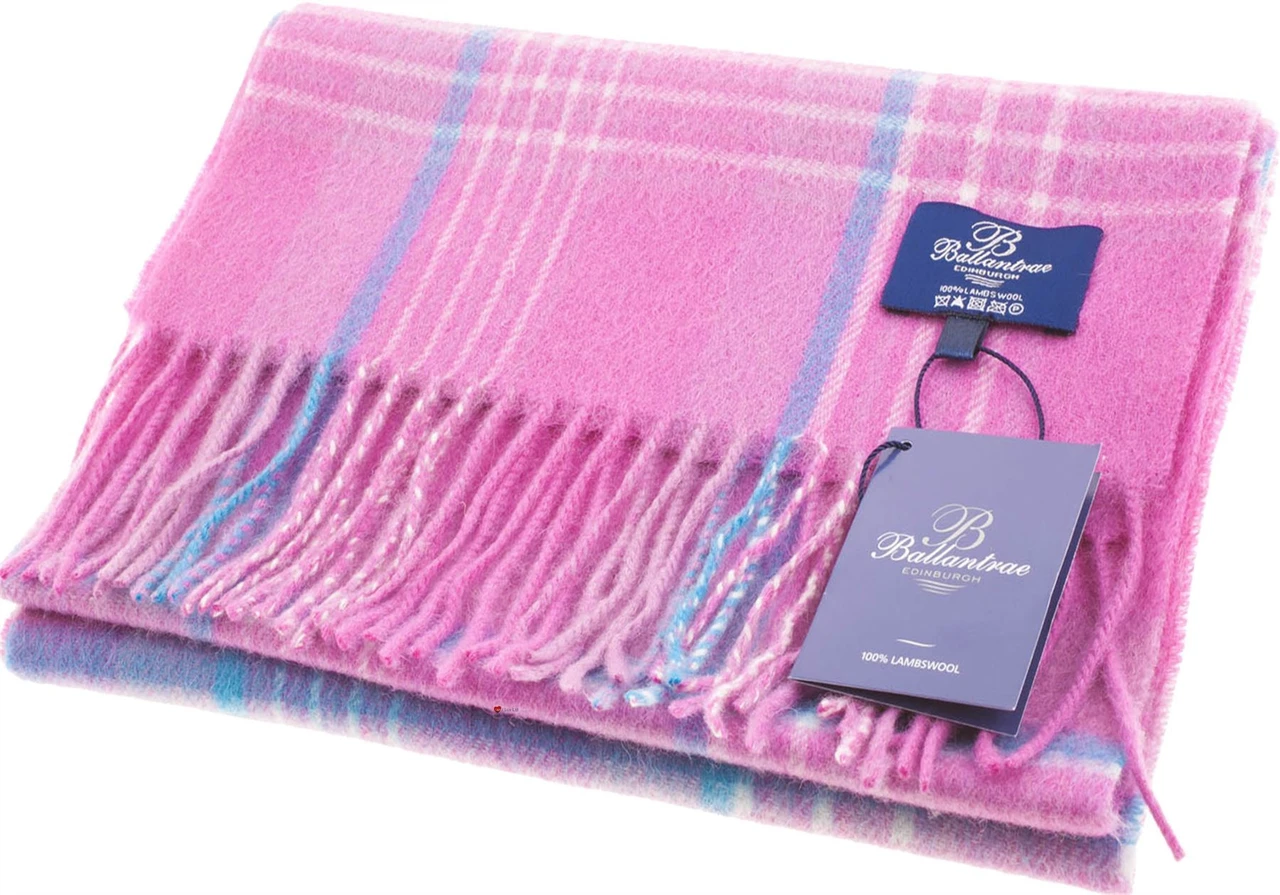 100% Lambswool Scarf Pink Blue Check Scottish Gift Winter Scotland