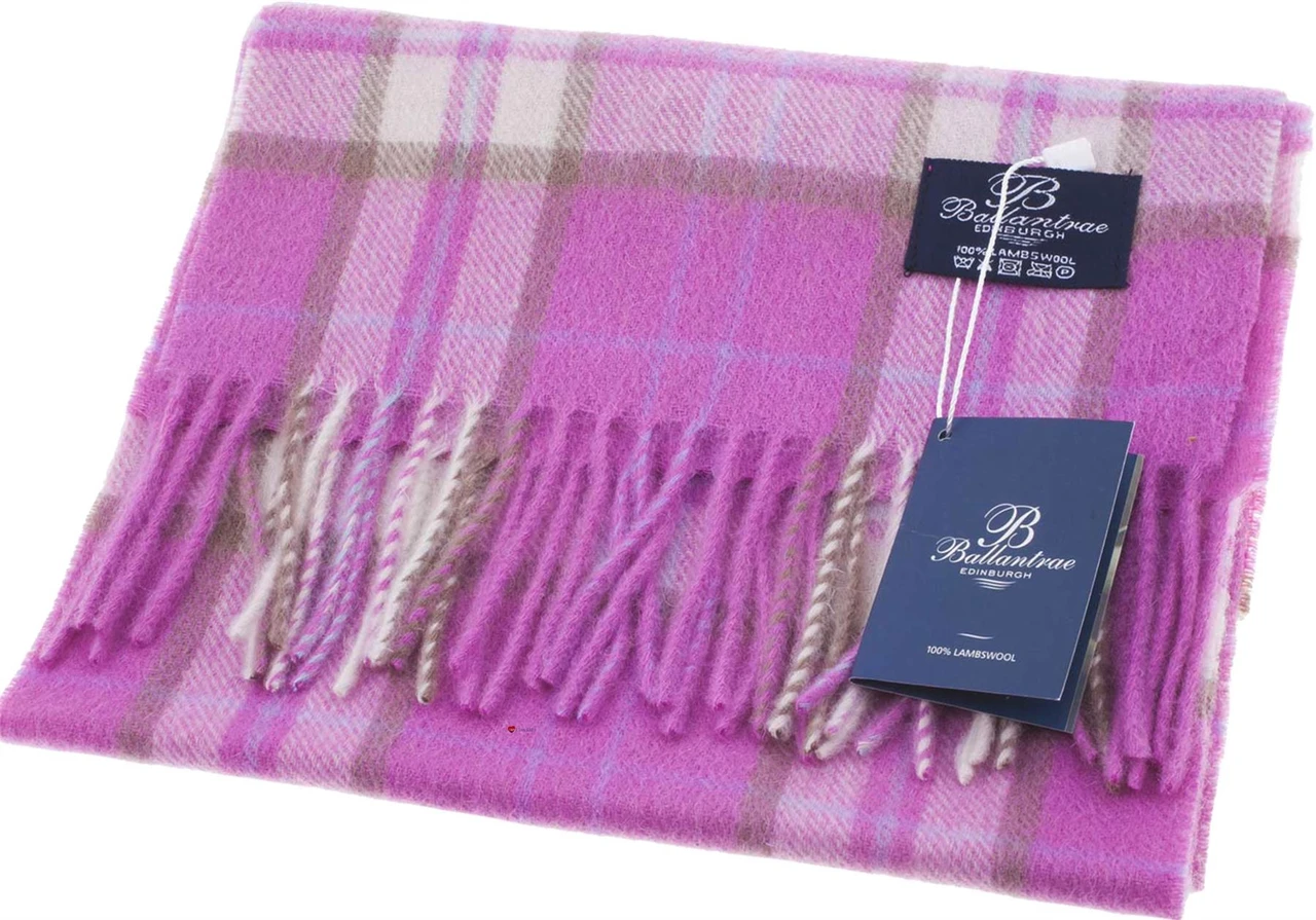 100% Lambswool Scarf Pink Green Brown Check Scottish Gift Winter Scotland