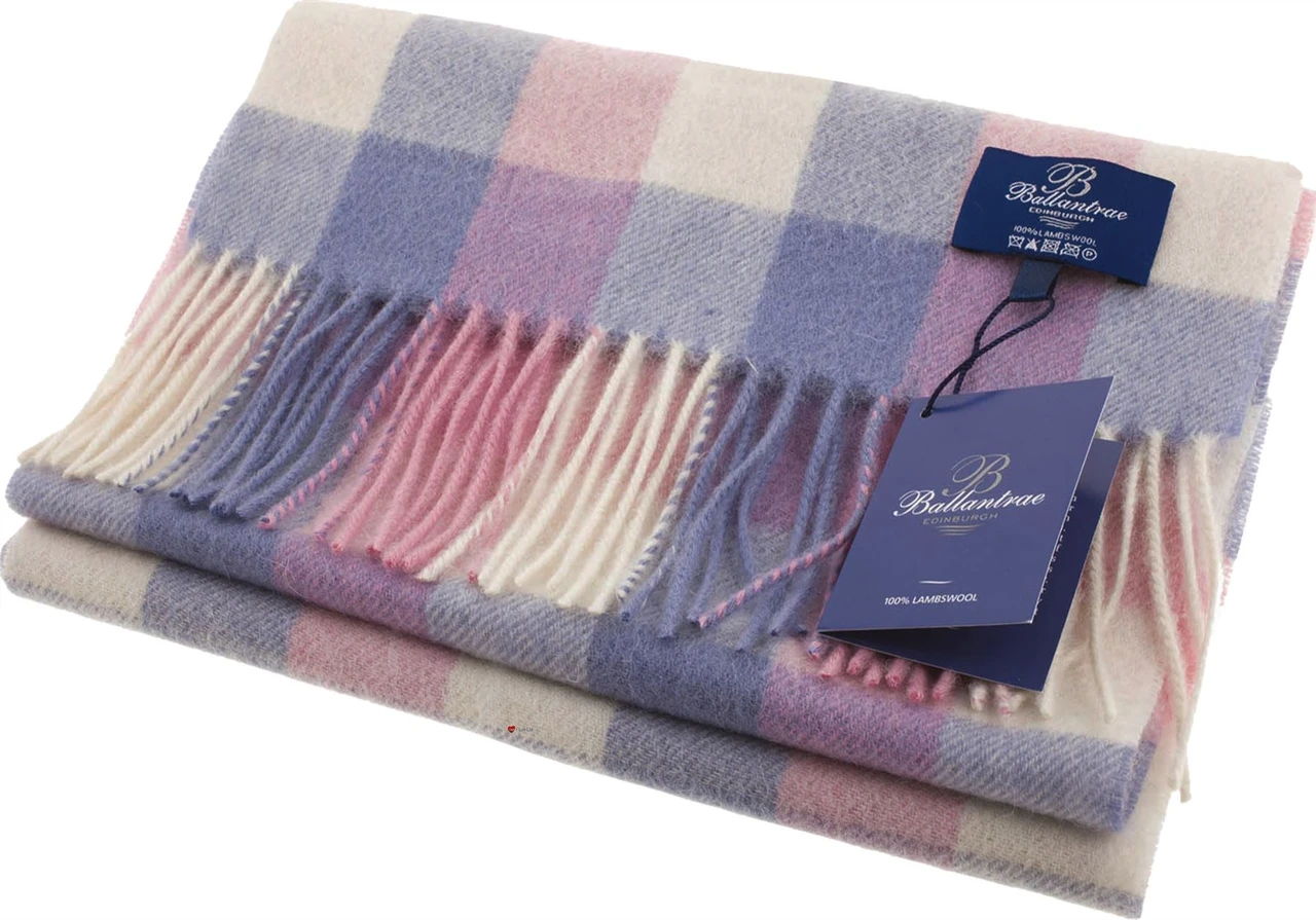 100% Lambswool Scarf Light Pink Light Blue Check Scottish Gift Winter Scotland
