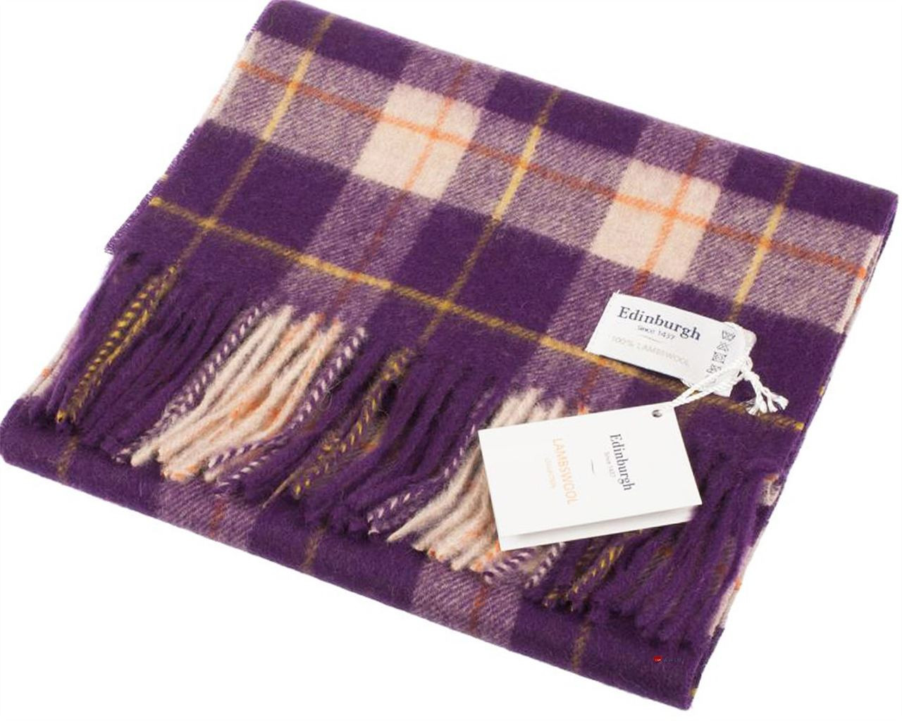 Unisex Lambswool Scarf In Heivon Tattersall Lavender Tartan Design 30cm Wide