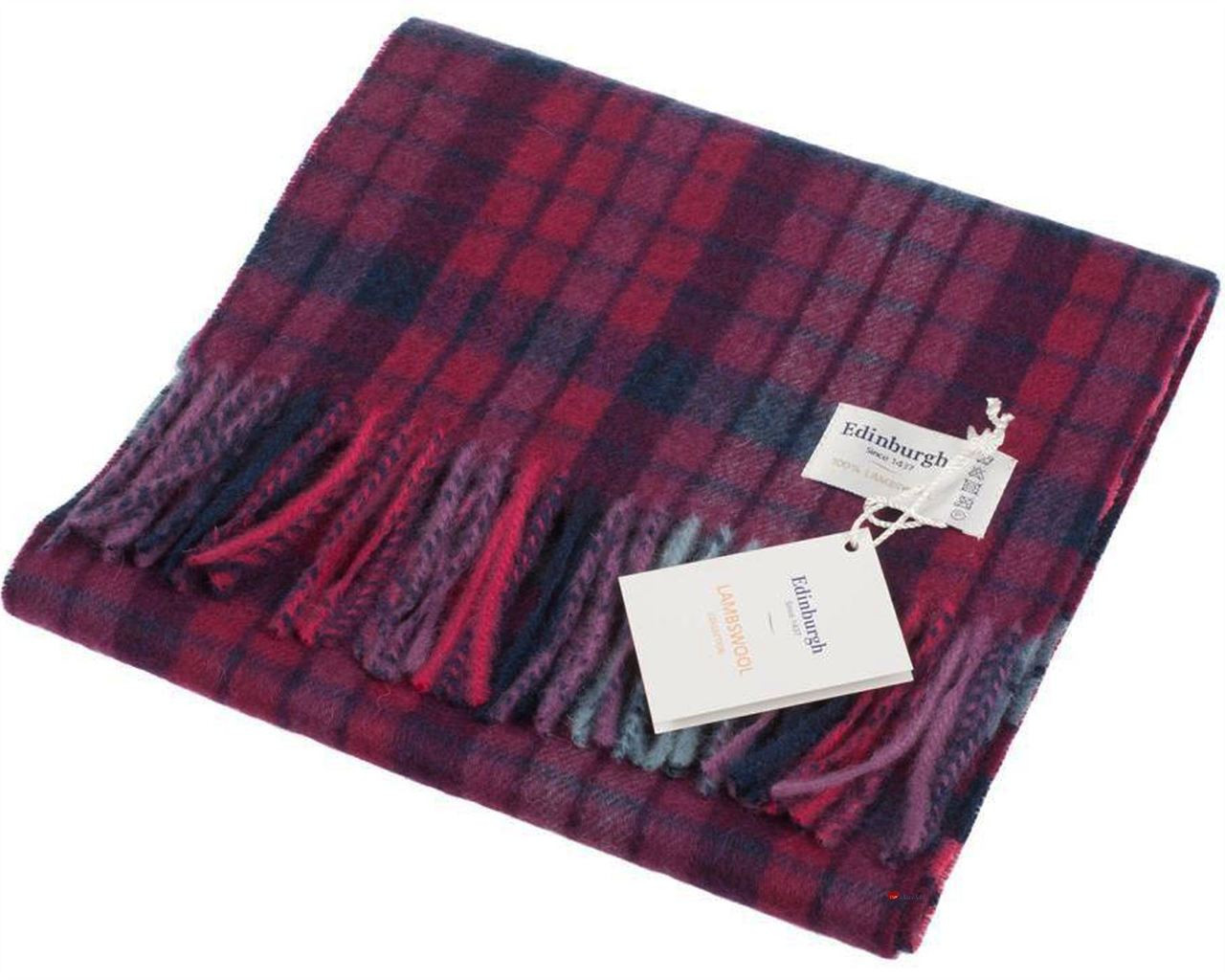 Unisex Lambswool Scarf In Duple Check Mulberry Pink Design 30cm Wide