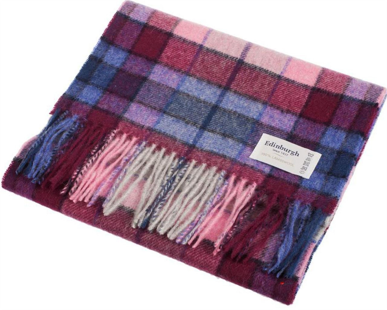Unisex Lambswool Scarf In Tie Dye Check Navy Pink Design 30cm Wide