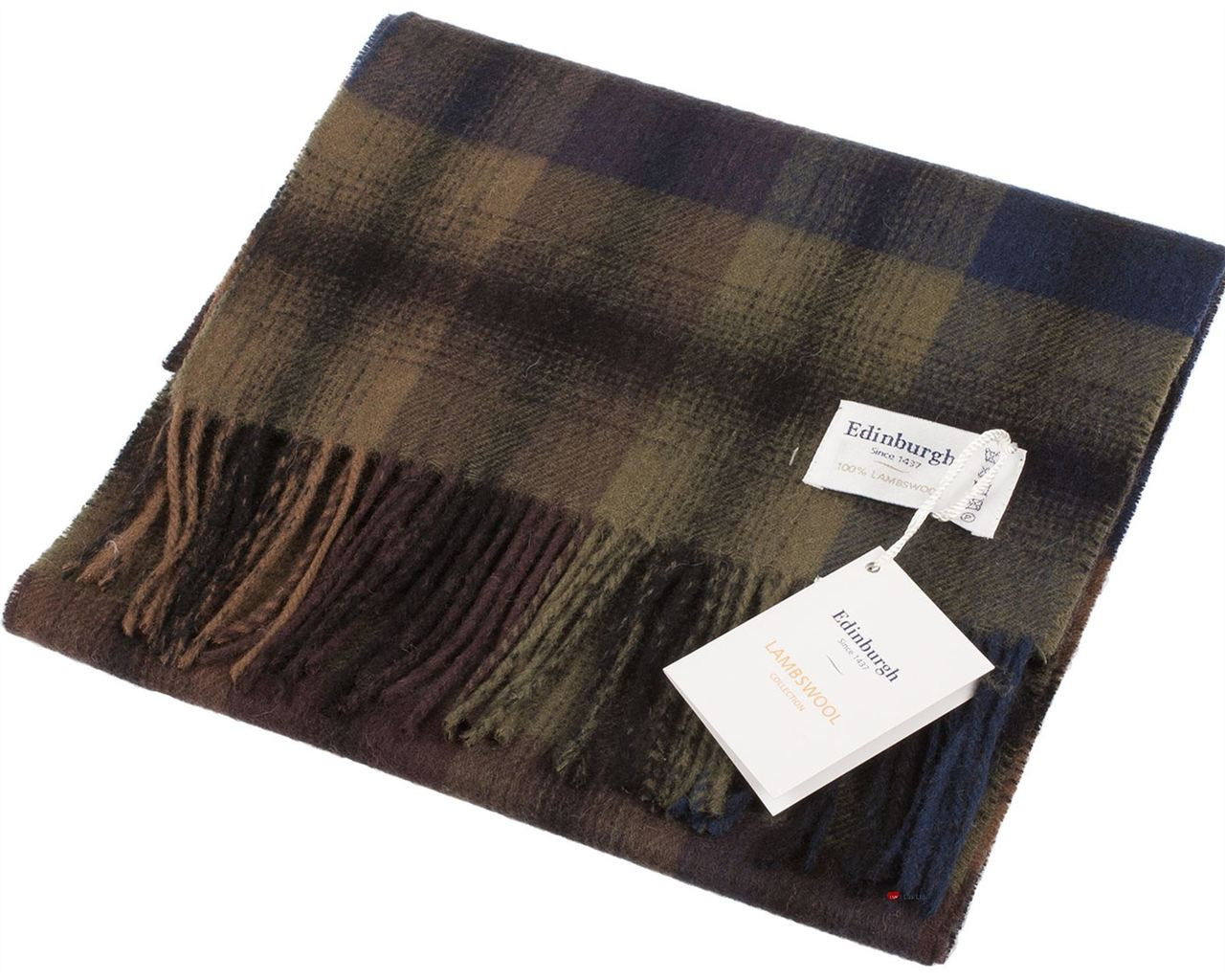 Unisex Lambswool Scarf In Graded Block Check Sandstone Navy Design 30cm Wide