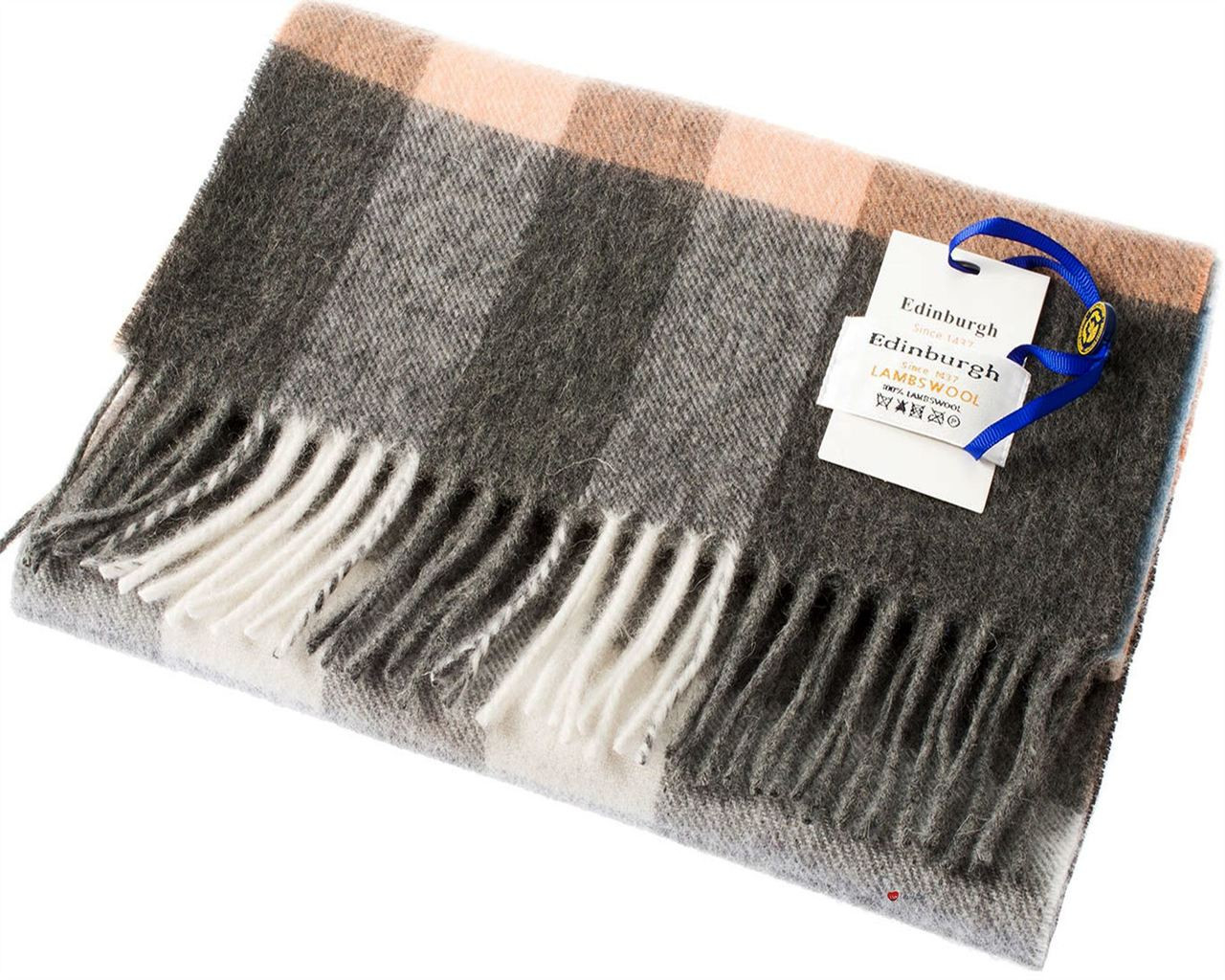 Unisex Lambswool Scarf In Derby Grey Orange Maxi Check Tartan Design 30cm Wide
