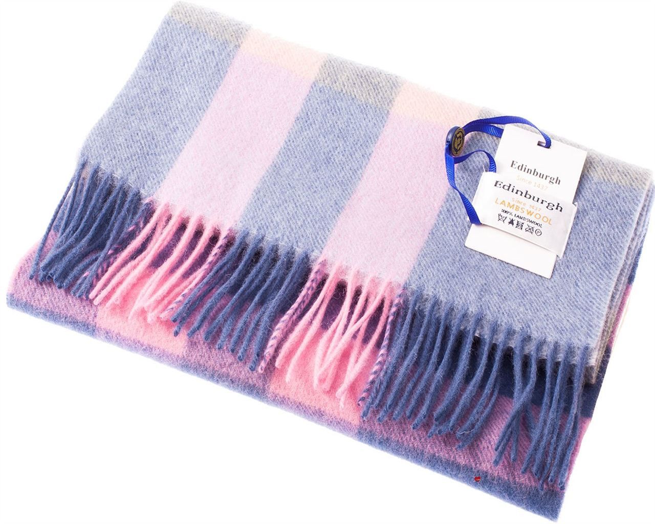 Unisex Lambswool Scarf In Blue Pink Yellow-Maxi Check Design 30cm Wide