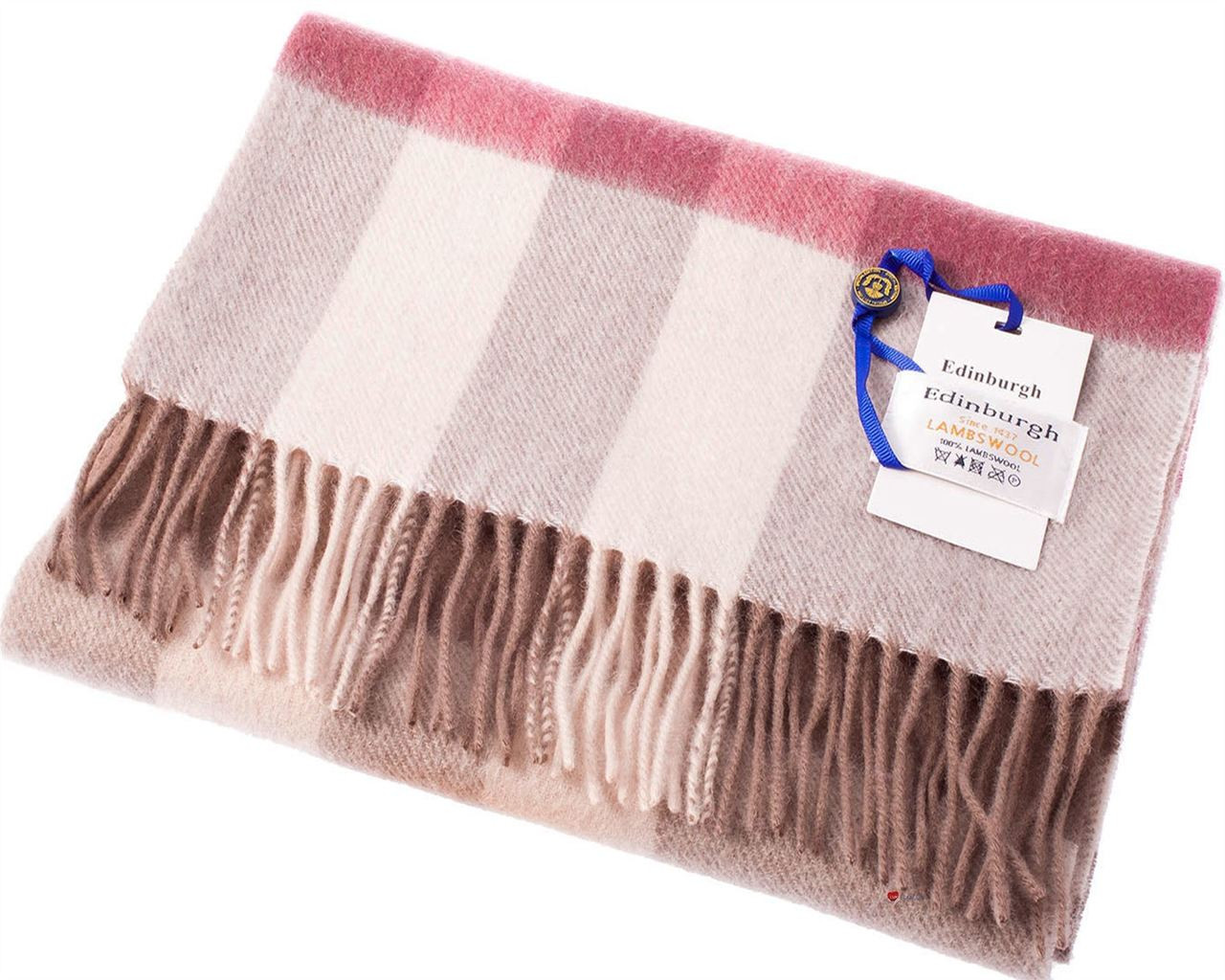 Unisex Lambswool Scarf In Taupe Pink Maxi Check Design 30cm Wide
