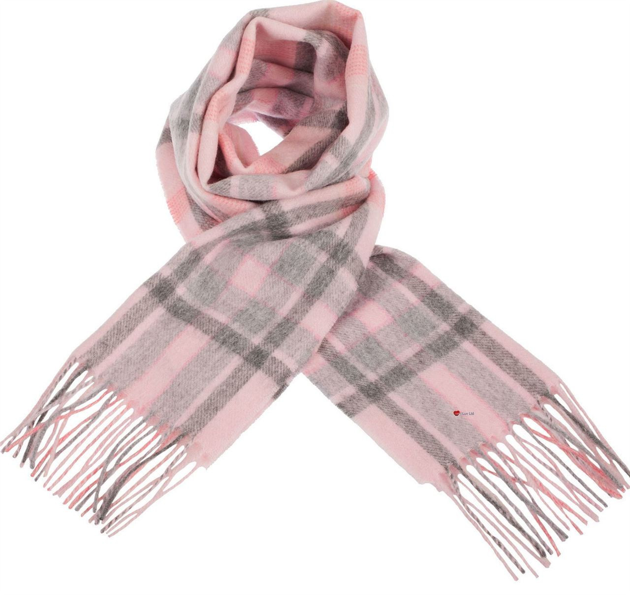 Unisex Lambswool Scarf In Henold Pink Derby Grey Tartan Design 30cm Wide
