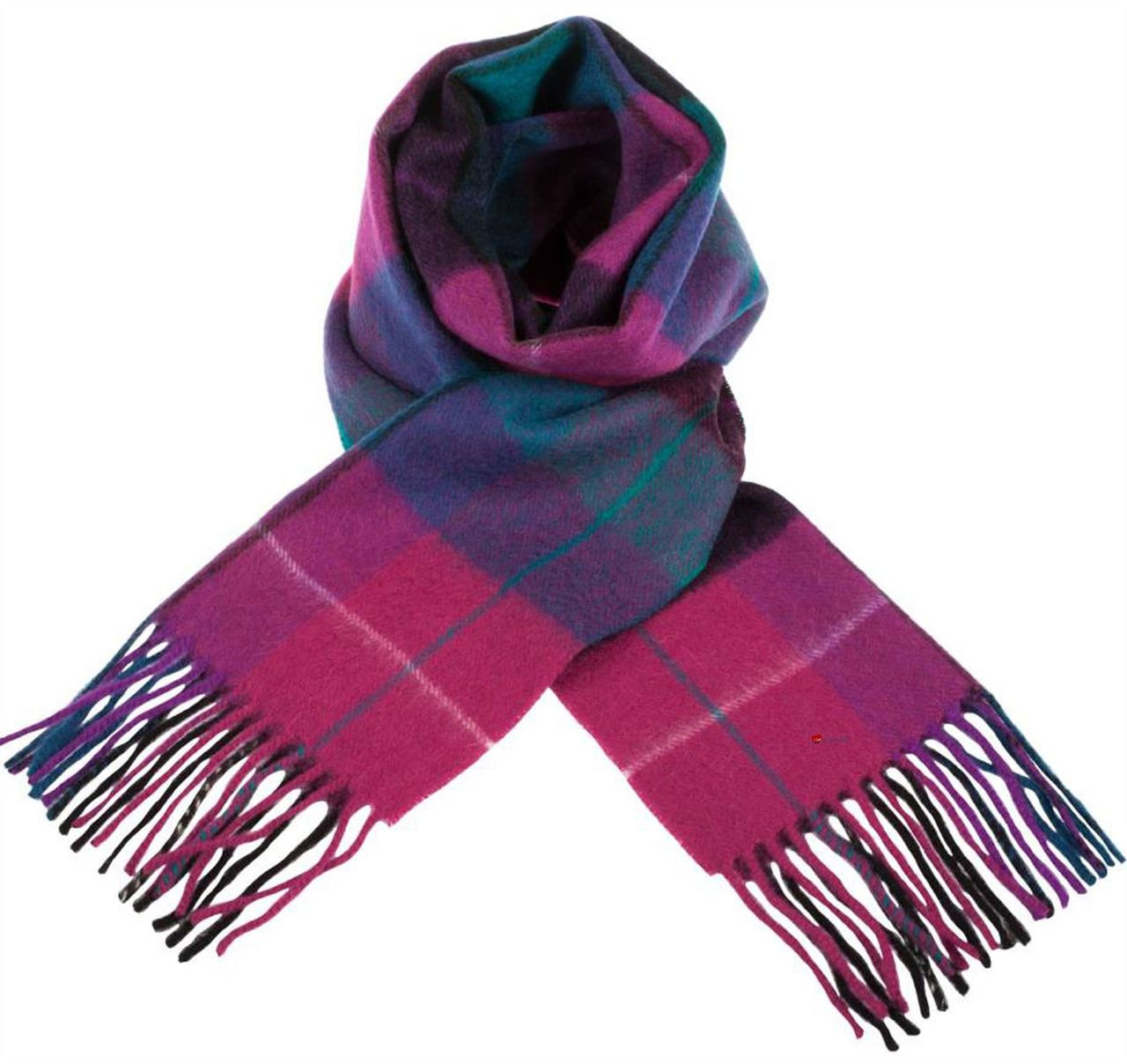 Unisex Lambswool Scarf In Mixed Check Magenta Black Design 30cm Wide