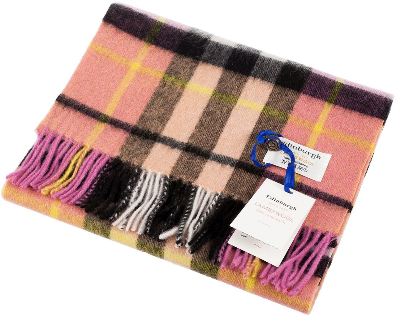 Unisex Lambswool Scarf In Raspberry Pink Tartan Design 30cm Wide