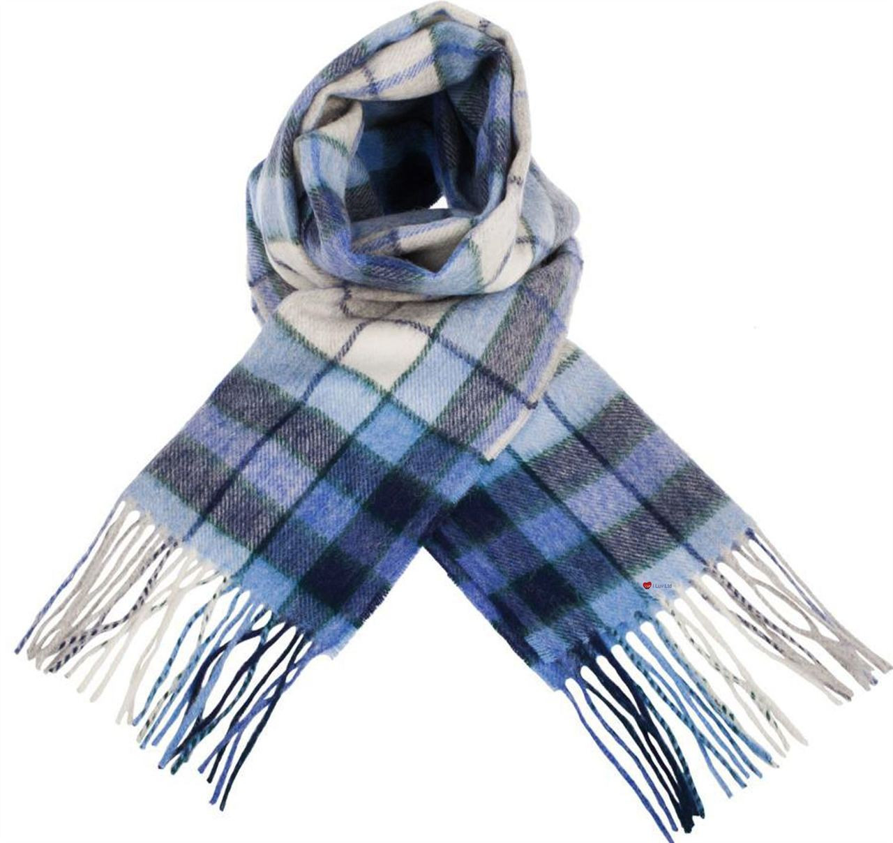 Unisex Lambswool Scarf In Tie Dye Check White Blue Design 30cm Wide
