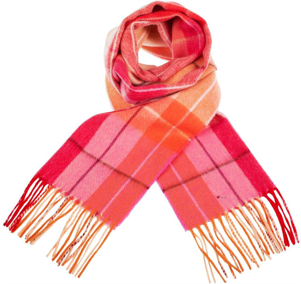 Unisex Lambswool Scarf In Multi Windowpane - Coral Pink Tartan Design 30cm Wide