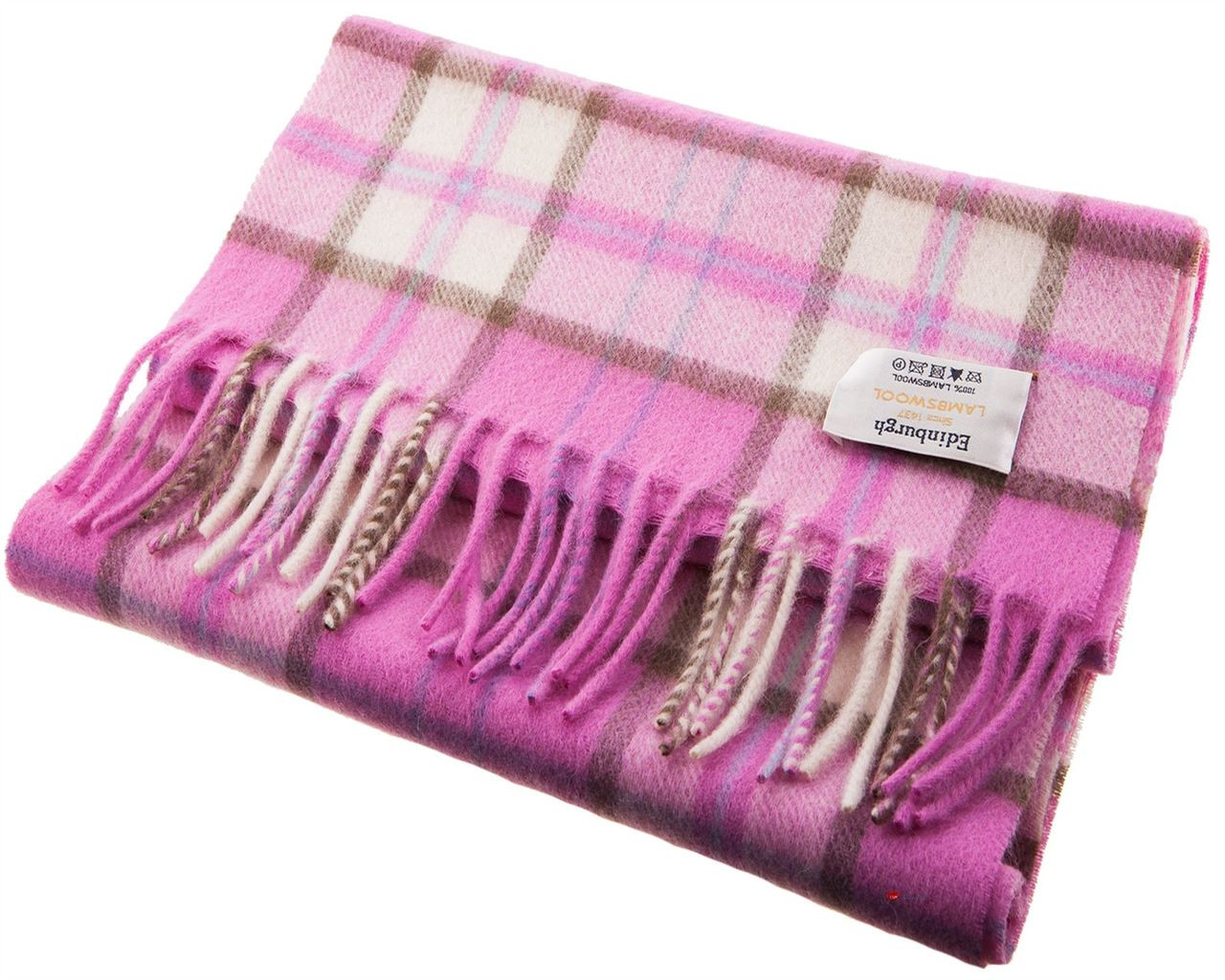 Unisex Lambswool Scarf In Pink Cream Brown Check Design 30cm Wide
